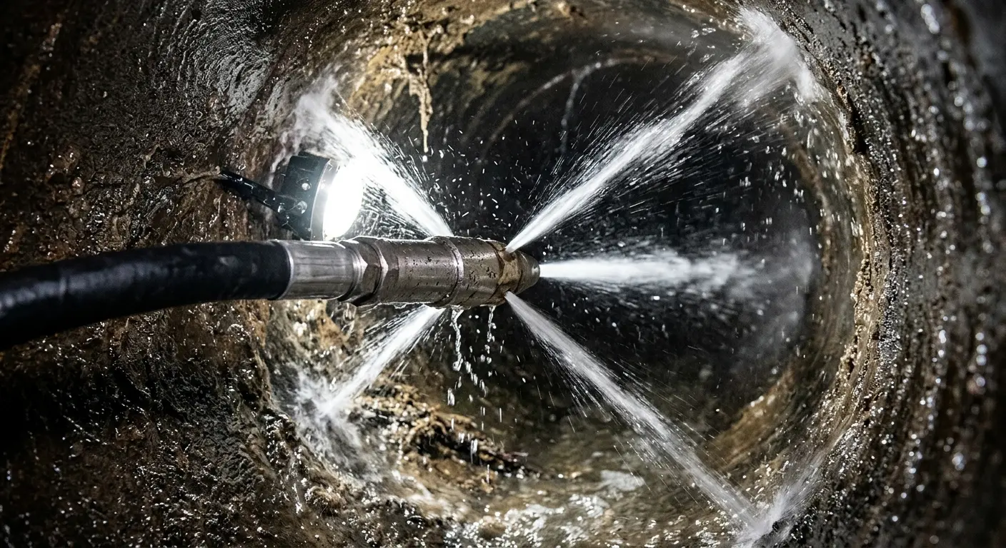 High-pressure hydro jetting nozzle cleaning sewer pipe for Emergency Drain Service in Gloversville