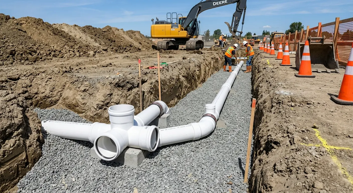 New PVC sewer pipe installation in open trench for Commercial Drain Cleaning in Gloversville