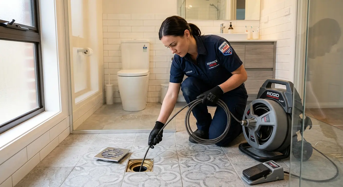 Technician clearing a bathroom floor drain for Sewer Line Replacement in Gloversville